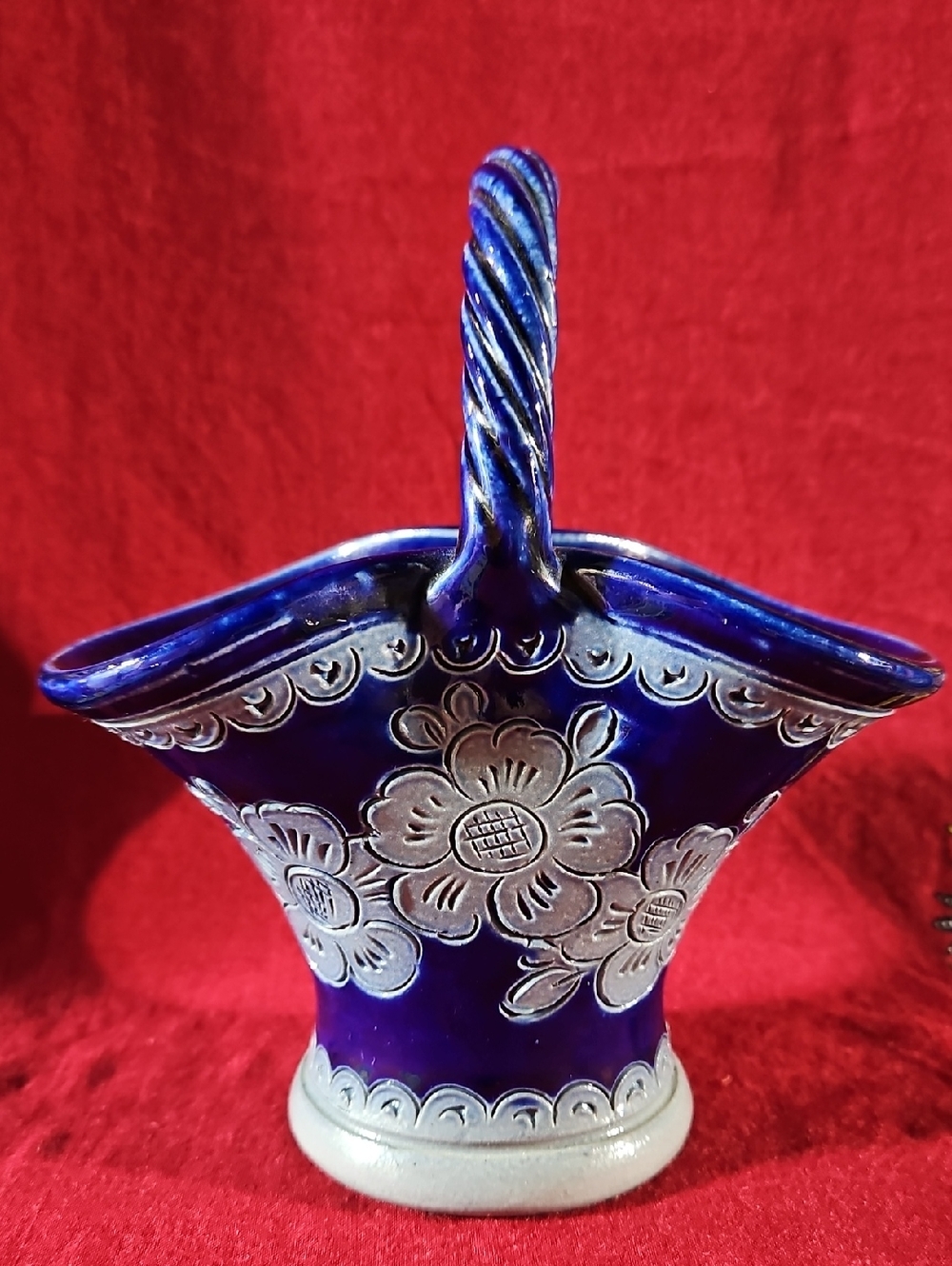Handcrafted Signed Ceramic Incised Floral Basket Vase by Remmy Fils, Betschdorf